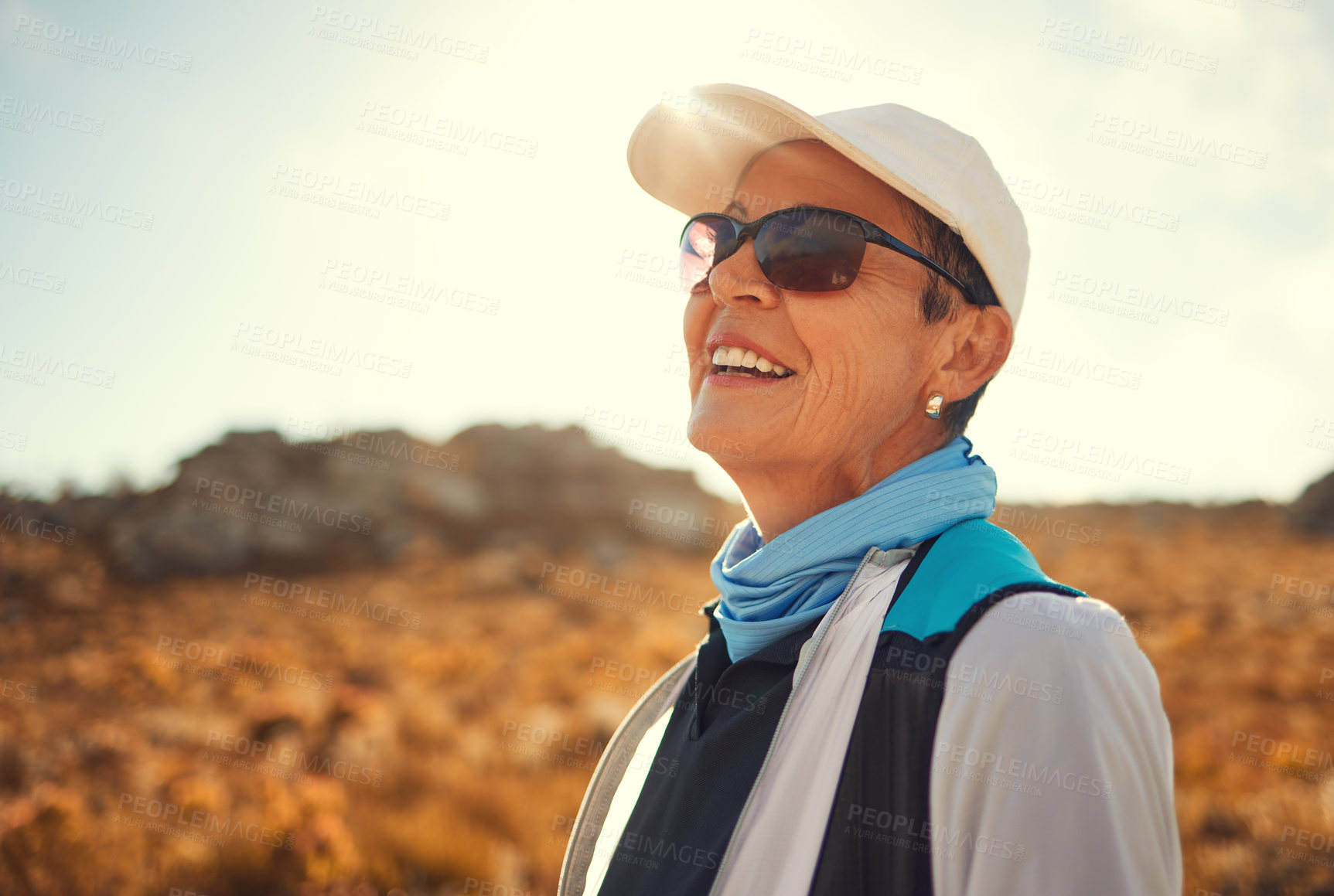 Buy stock photo Relax, hiking and thinking with old woman in nature for wellness, fitness and retirement. Happy, freedom and travel with senior hiker trekking in outdoors for environment, adventure and summer