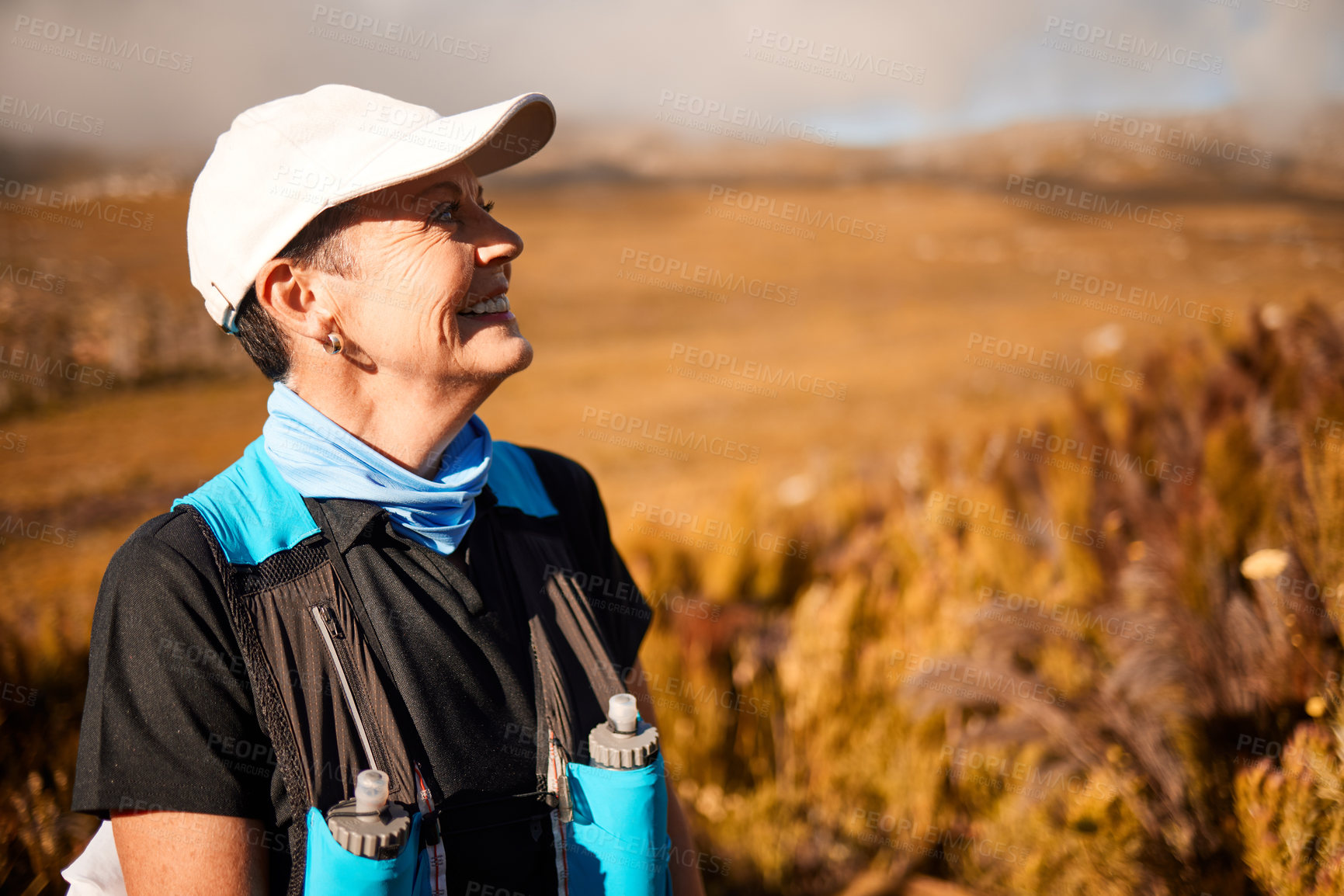 Buy stock photo Happy, hiking and thinking with old woman in nature for wellness, fitness and retirement. Smile freedom and travel with senior hiker trekking in outdoors for environment, adventure and summer