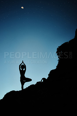 Buy stock photo Person, silhouette and yoga as tree pose on mountain at night with chakra balance, mindfulness or calm. Hill, relax and holistic wellness for zen healing or spirituality, vrksasana or morning