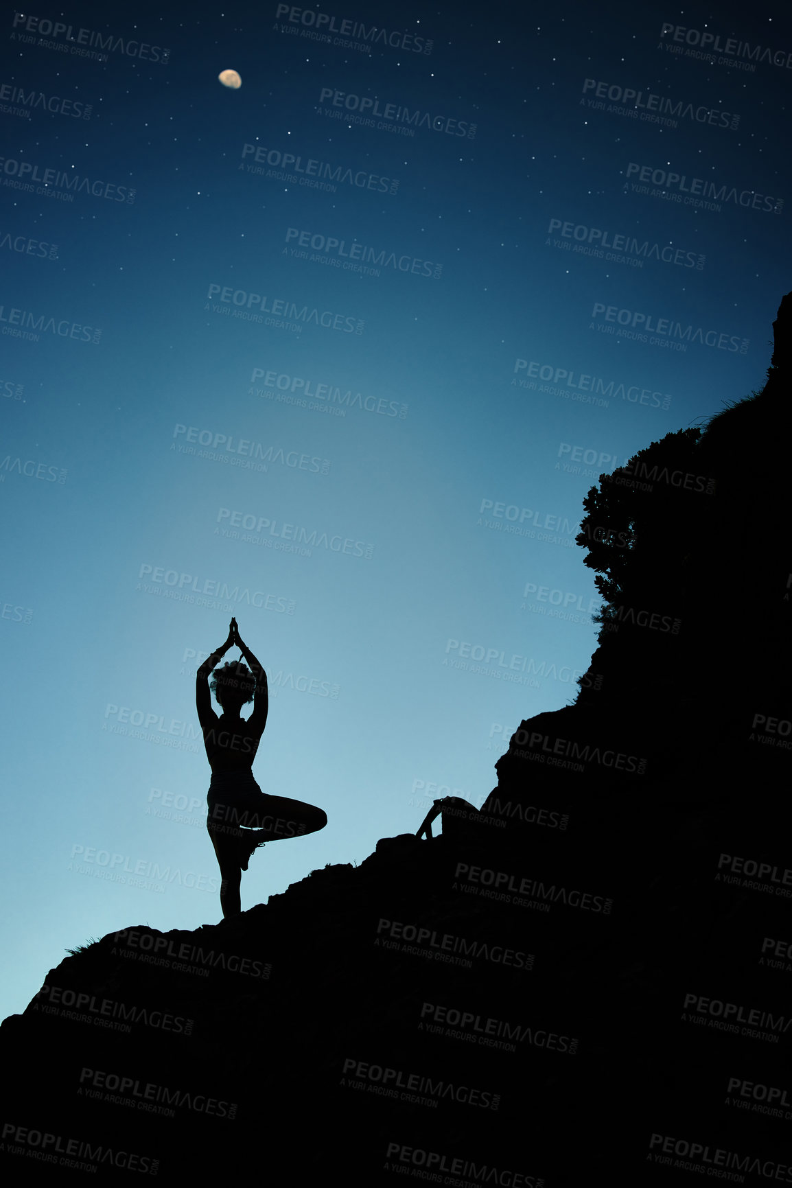 Buy stock photo Person, silhouette and yoga as tree pose on mountain at night with chakra balance, mindfulness or calm. Hill, relax and holistic wellness for zen healing or spirituality, vrksasana or morning