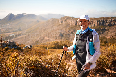 Buy stock photo Mountings, hiking and portrait with old woman in nature for wellness, fitness and retirement. Happy, freedom and travel with senior hiker trekking in outdoors for environment, adventure and summer