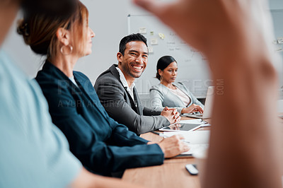 Buy stock photo Asian man, portrait and happy for business meeting for planning with team, collaboration and presentation. Male employee or manager of corporate company or law firm and professional as legal advisor.