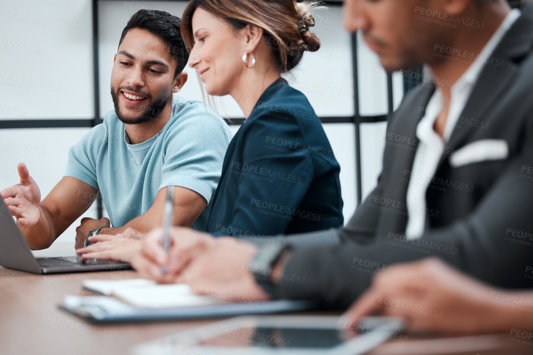 Buy stock photo Help, man and woman with laptop in meeting for teamwork or collaboration, feedback and training. Male employee, teaching and coaching online for guidance or mentorship for performance improvement