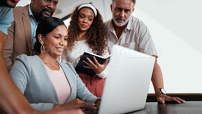 Buy stock photo Laptop, group and business people planning, discussion or brainstorming together in startup. Computer, teamwork and diverse staff in collaboration for strategy, meeting or happy agent work on project