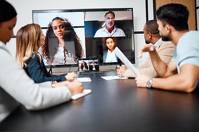 Buy stock photo Video call, meeting and strategy with a business team in the boardroom for a virtual conference or workshop. Management, webinar and planning with a group of corporate colleagues in an office at work