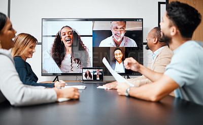 Buy stock photo Video call, meeting and planning with a business team in the boardroom for a virtual conference or workshop. Management, webinar and strategy with a group of corporate colleagues in an office at work