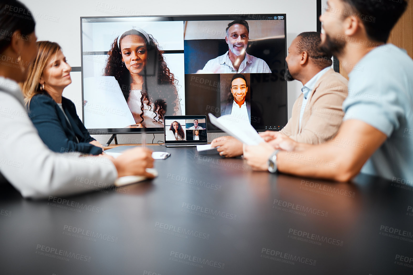 Buy stock photo Diversity, video conference in business meeting and in boardroom with international clients at their workplace. Online communication, technology or connectivity and people on a virtual call planning