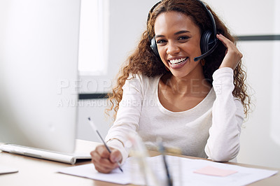 Buy stock photo Call center, portrait and woman writing notes for customer service, sales consulting and CRM in office. Happy female agent, consultant and contact us for telemarketing, online advice and telecom help