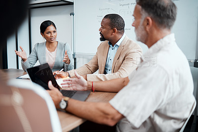 Buy stock photo Business people, meeting and planning in corporate strategy, collaboration or sharing ideas at office. Group of employees in team brainstorming, discussion or startup pitch for project at conference