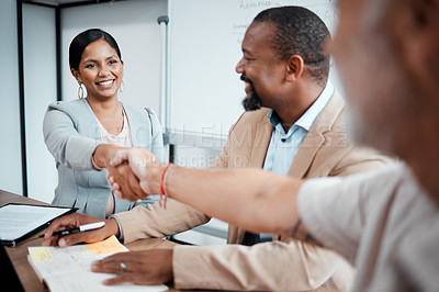 Buy stock photo Happy, business people and handshake for meeting, agreement or b2b deal in partnership at the office. Woman employee shaking hands with businessman for teamwork, welcome or introduction at workplace