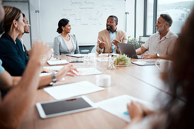 Buy stock photo Business people, corporate and meeting in planning for strategy, brainstorming or sharing ideas at office. Group of employees in team discussion, collaboration or plan in conference at the workplace