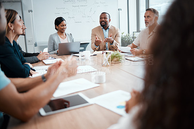 Buy stock photo Business people, diversity and meeting for idea in strategy, planning or brainstorming at office. Group of employees in team discussion, collaboration or project management in conference at workplace