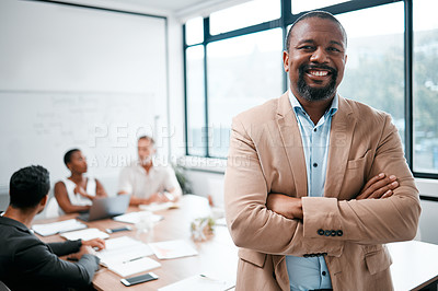 Buy stock photo Business, black man and smile in portrait with arms crossed, leadership and meeting with group for corporate project. Team leader, management and confidence with male person in conference room