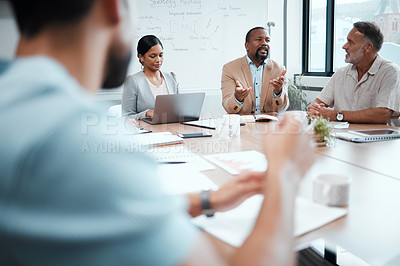 Buy stock photo Business people, coaching and meeting in teamwork strategy, planning or brainstorming at office. Group of employees in team discussion, collaboration or project management in conference at workplace