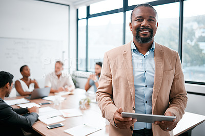 Buy stock photo Black man in business, smile in portrait and tablet, leadership and presentation with group for corporate project. Team leader, digital and meeting with male speaker in conference room with tech