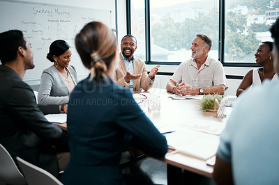 Buy stock photo Happy business people, coaching and meeting in strategy, brainstorming or planning at the office. Group of employees in team discussion, collaboration or project management in conference at workplace
