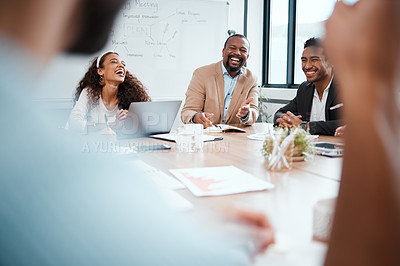 Buy stock photo Happy, business people and laughing in meeting for startup joke, communication or comedy at the office. Group of employees smile and laugh for fun discussion, meme or friendly humor at the workplace