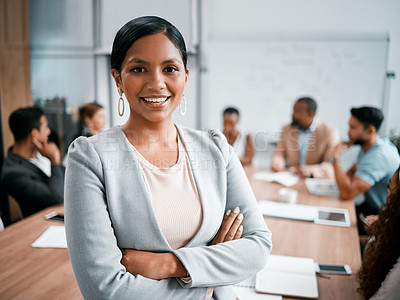 Buy stock photo Woman in business meeting, portrait and arms crossed with smile, leadership and group for corporate project. Team leader, manager and confidence, female person in conference room and professional