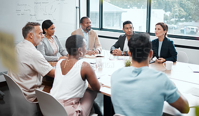 Buy stock photo Business people, meeting and strategy in corporate planning, brainstorming or team discussion at the office. Group of employees in teamwork, collaboration or communication in conference at workplace