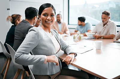 Buy stock photo Business woman, smile in portrait and collaboration, confidence and meeting with group for corporate project. Team leader, manager and proud, female person in a professional conference room 