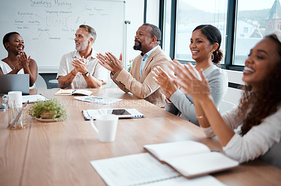 Buy stock photo Business people, applause and meeting of audience in presentation or team seminar at the office. Happy group of employees clapping in conference for teamwork, support or motivation at the workplace