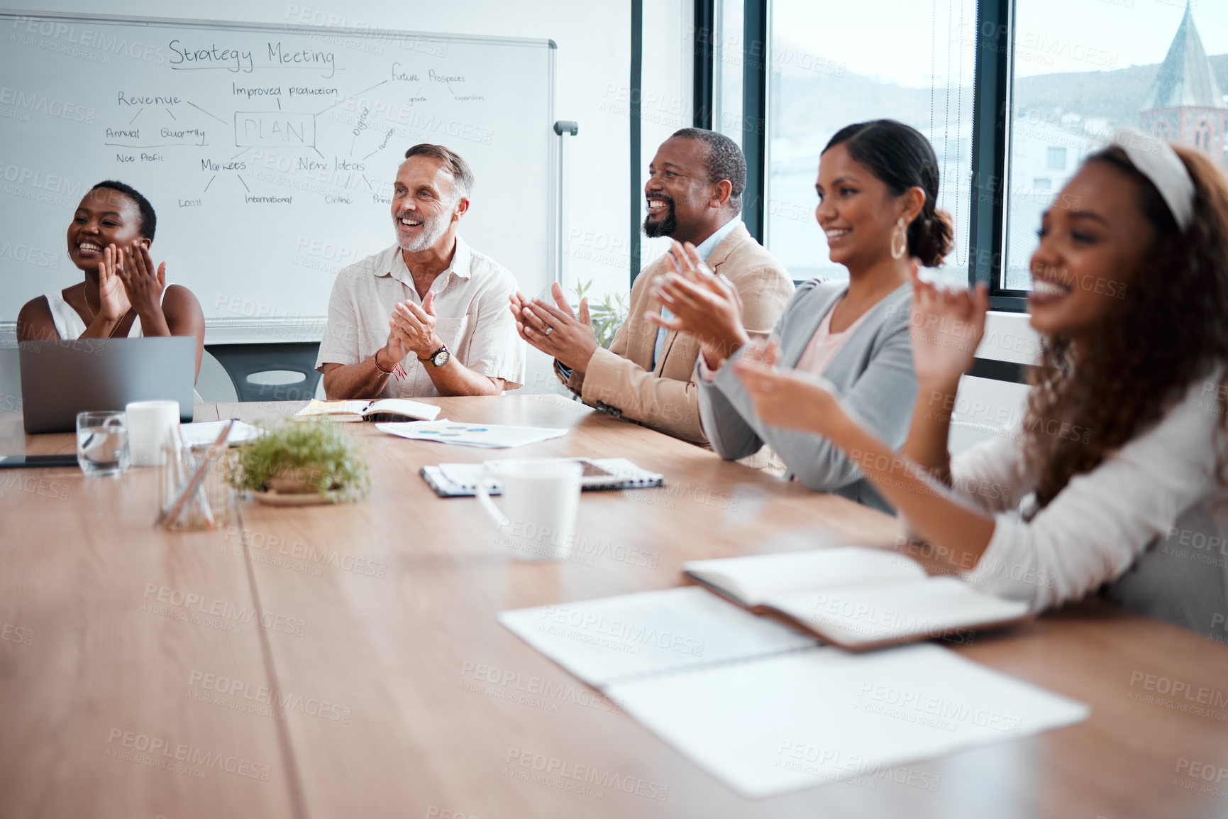 Buy stock photo Happy, business people and applause of audience in meeting for presentation or team seminar at office. Group of employees clapping in conference for teamwork, support or motivation at the workplace