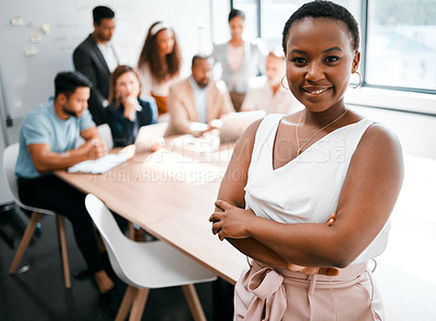 Buy stock photo Black woman in business, smile in portrait and arms crossed, leadership and meeting with company group. Team leader, manager and confidence with female person in conference room and professional