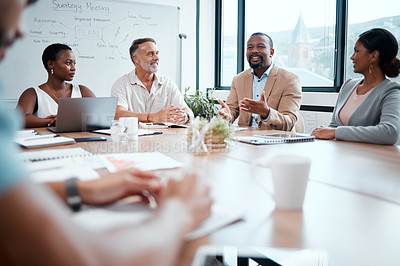 Buy stock photo Happy business people, meeting and strategy in planning, team discussion or sharing idea at office. Group of employees in teamwork, collaboration or discussing project plan in conference at workplace