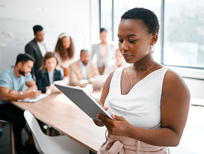 Buy stock photo Black woman, tablet and digital marketing team in office for meeting, planning and agenda for project. Female employee, research and collaboration in conference room for global company in New York