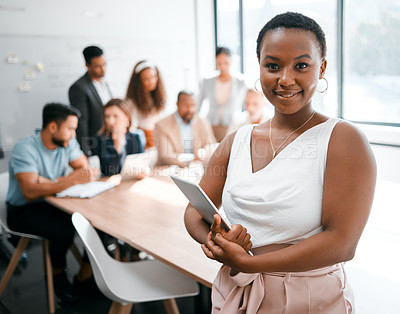 Buy stock photo Black woman in business, smile in portrait and tablet, leadership and meeting with corporate group. Team leader, wireless tech and confidence with female person in conference room for presentation
