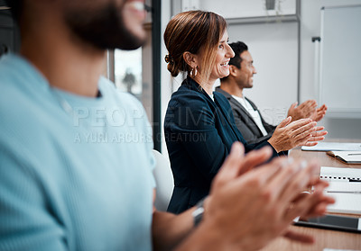 Buy stock photo Happy, business people and applause in meeting seminar, presentation or team growth at office. Group of employees or audience clapping in conference for teamwork, support or motivation at workplace