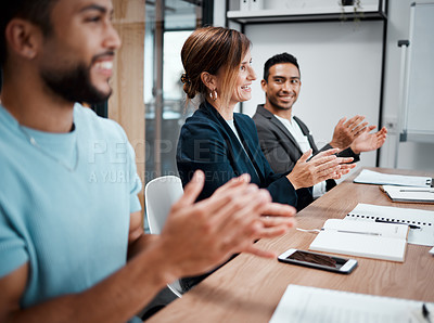 Buy stock photo Happy, business people and audience applause in meeting for presentation, growth or team seminar at office. Group of employees clapping in conference for teamwork, support or motivation at workplace
