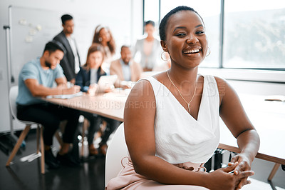 Buy stock photo Portrait, designer and black woman in boardroom for meeting, planning or brainstorming ideas. Professional, business and female employee for teamwork, market research or partnership in office