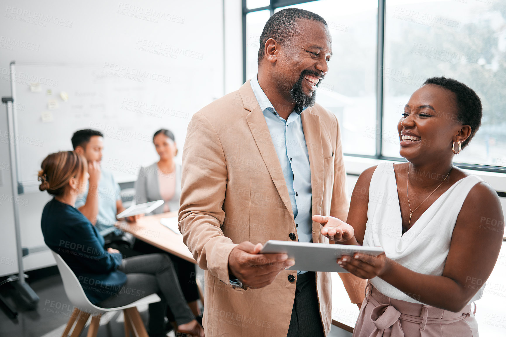 Buy stock photo Business people, funny and tablet for digital marketing agency in office for meeting, planning and agenda for project. Female employee, laugh and teamwork in conference room for company venture