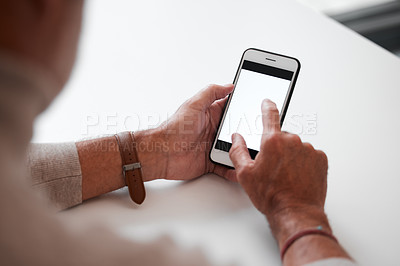 Buy stock photo Mock up, smartphone and screen with hands in office, tech and communication device for work. Business person, advertising and website for branding or company logo, internet research or networking