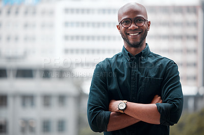 Buy stock photo Portrait, black man and arms crossed in office of business, corporate company or employee, worker in workplace. Happy, face and businessman with professional mindset, success in career or confidence
