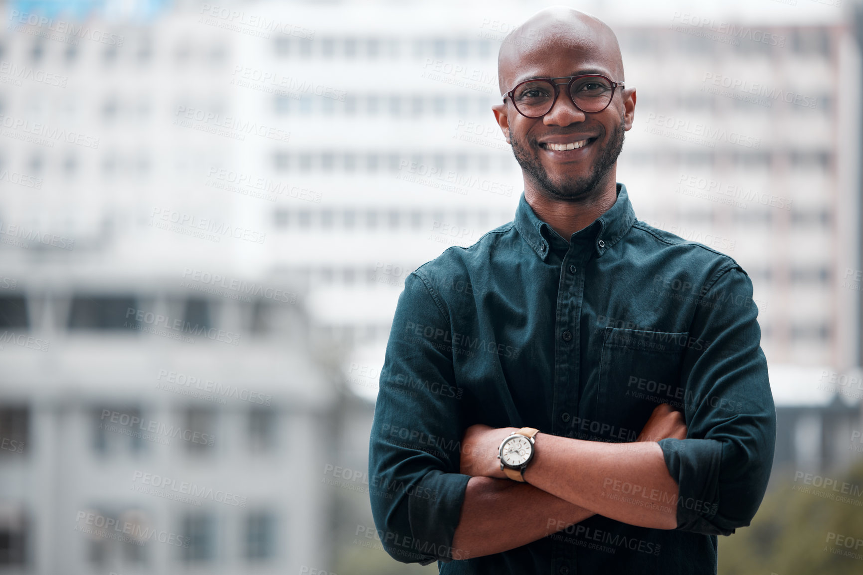 Buy stock photo Portrait, black man and arms crossed in office of business, corporate company or employee, worker in workplace. Happy, face and businessman with professional mindset, success in career or confidence
