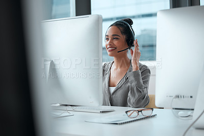 Buy stock photo Call center, computer and woman consultant in office for online crm consultation or enquiries. Telemarketing, headset and female technical support or customer service agent with desktop in workplace.