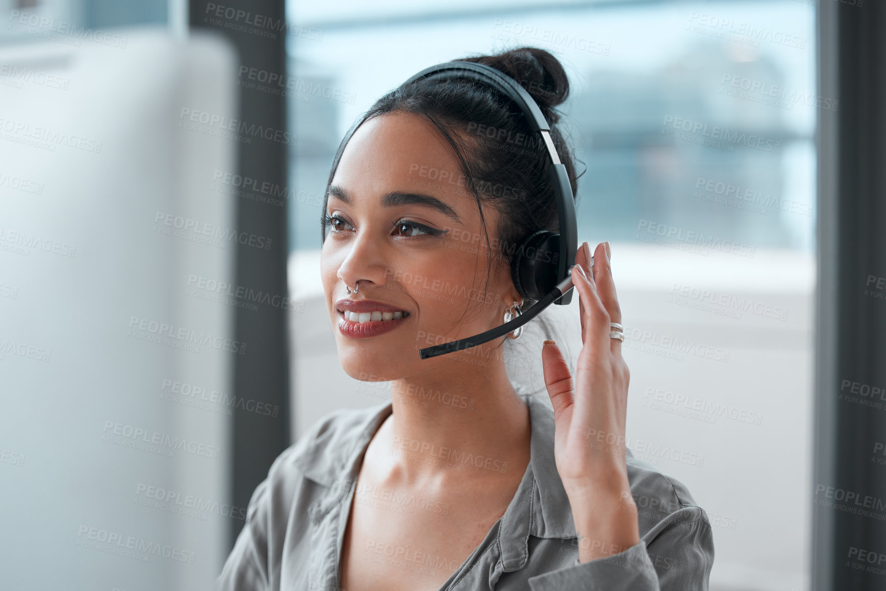Buy stock photo Customer service, computer and woman consultant in office for online crm consultation or enquiries. Telemarketing, headset and female technical support or call center agent with desktop in workplace.