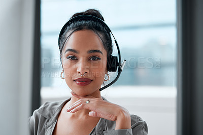 Buy stock photo Customer service, portrait and woman consultant in office for online crm consultation or enquiries. Telemarketing, headset and female technical support or call center agent with desktop in workplace.