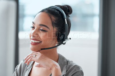 Buy stock photo Call center,  contact us and woman advisor in office for online crm consultation or enquiries. Telemarketing, headset and technical support or customer service consultant with desktop in workplace.