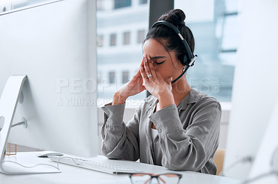 Buy stock photo Call center, stress and woman advisor in office for online crm consultation or enquiries. Telemarketing, headache and female technical support or customer service consultant with desktop in workplace
