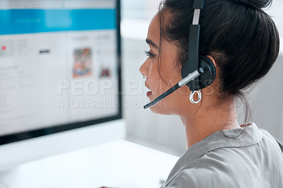 Buy stock photo Call center, computer and profile of woman consultant in office for online crm consultation or enquiries. Telemarketing, headset and female technical support or customer service agent in workplace.