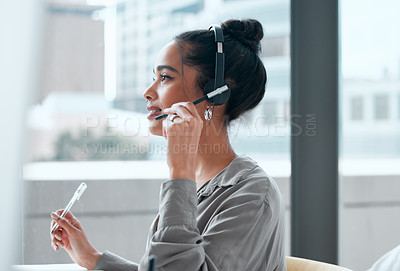 Buy stock photo Technical support, computer and woman consultant in office for online crm consultation or enquiries. Telemarketing, headset and female call center or customer service agent with desktop in workplace.