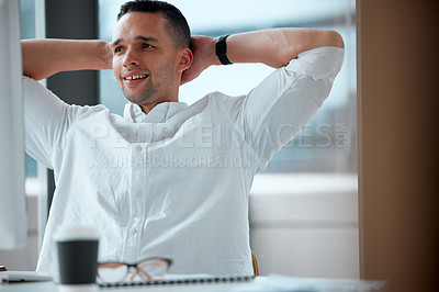 Buy stock photo Business, man and stretching to relax, easy project and complete assignment in office. Happy person, employee and consultant for insurance with peace, smile and hands behind head for finished task