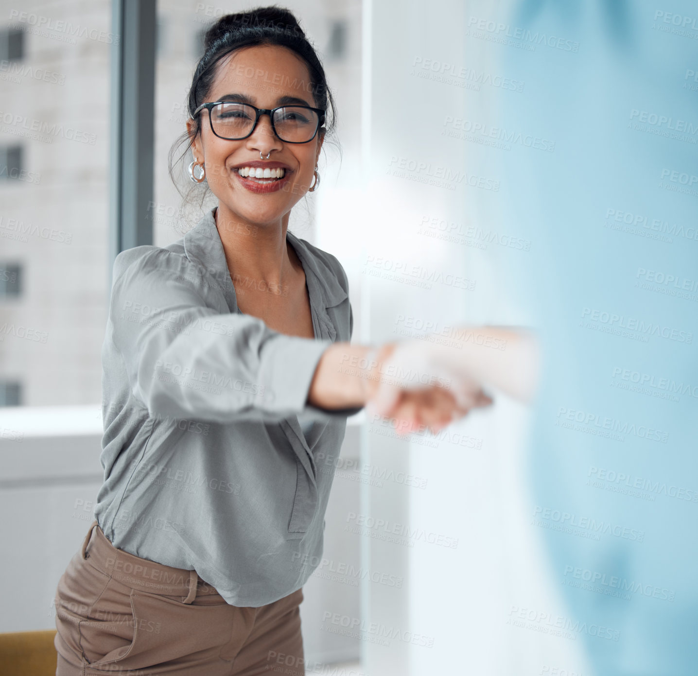 Buy stock photo Handshake, meeting and welcome with business woman in office for human resources, hiring or recruitment. Contract, interview and partnership with happy employee shaking hands for b2b collaboration