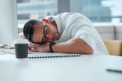 Buy stock photo Sleep, businessman and tired by computer for work, job and task for digital career. Fatigue, professional and IT expert with technology for email, communication and internet with burnout on desk