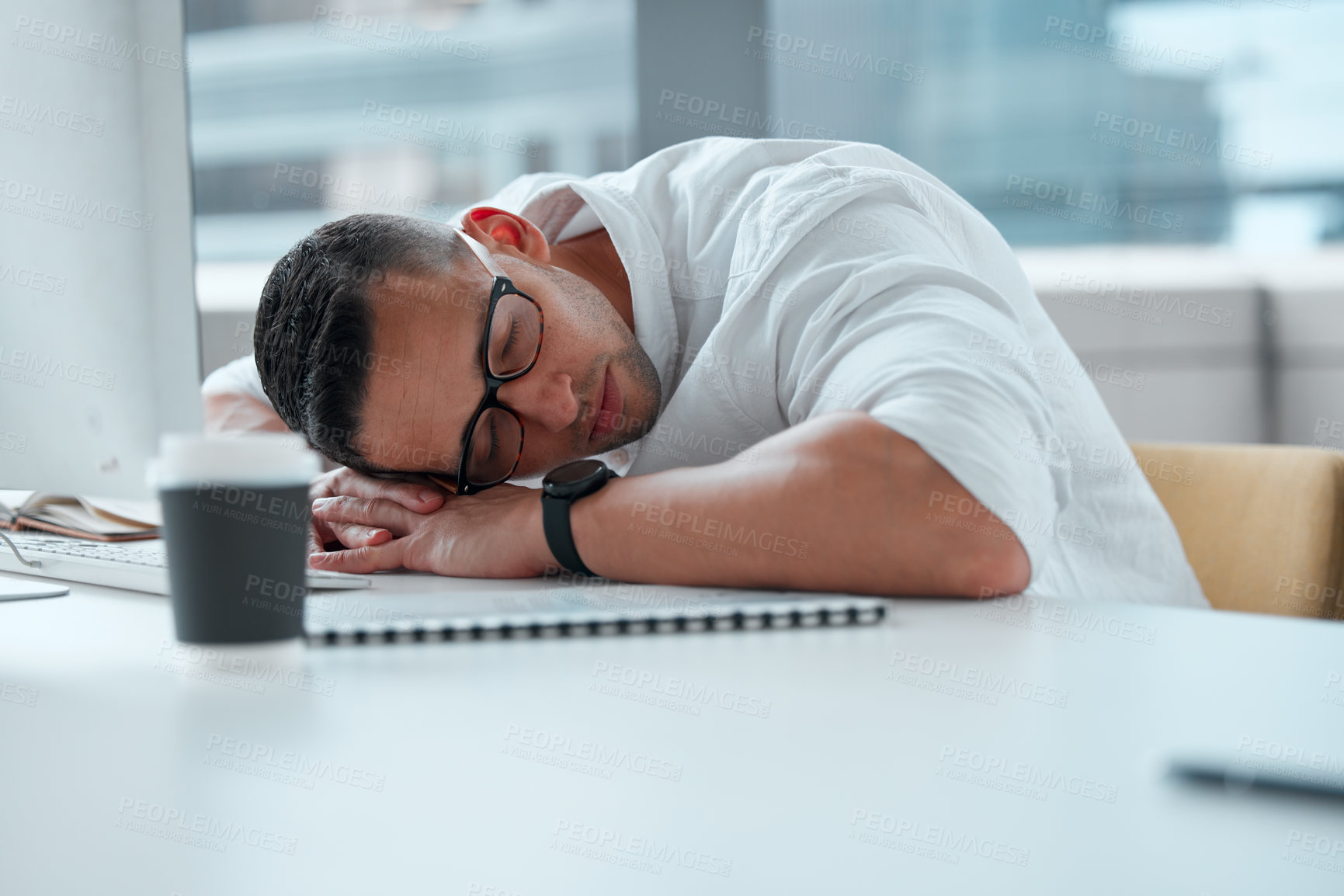 Buy stock photo Sleep, businessman and tired by computer for work, job and task for digital career. Fatigue, professional and IT expert with technology for email, communication and internet with burnout on desk