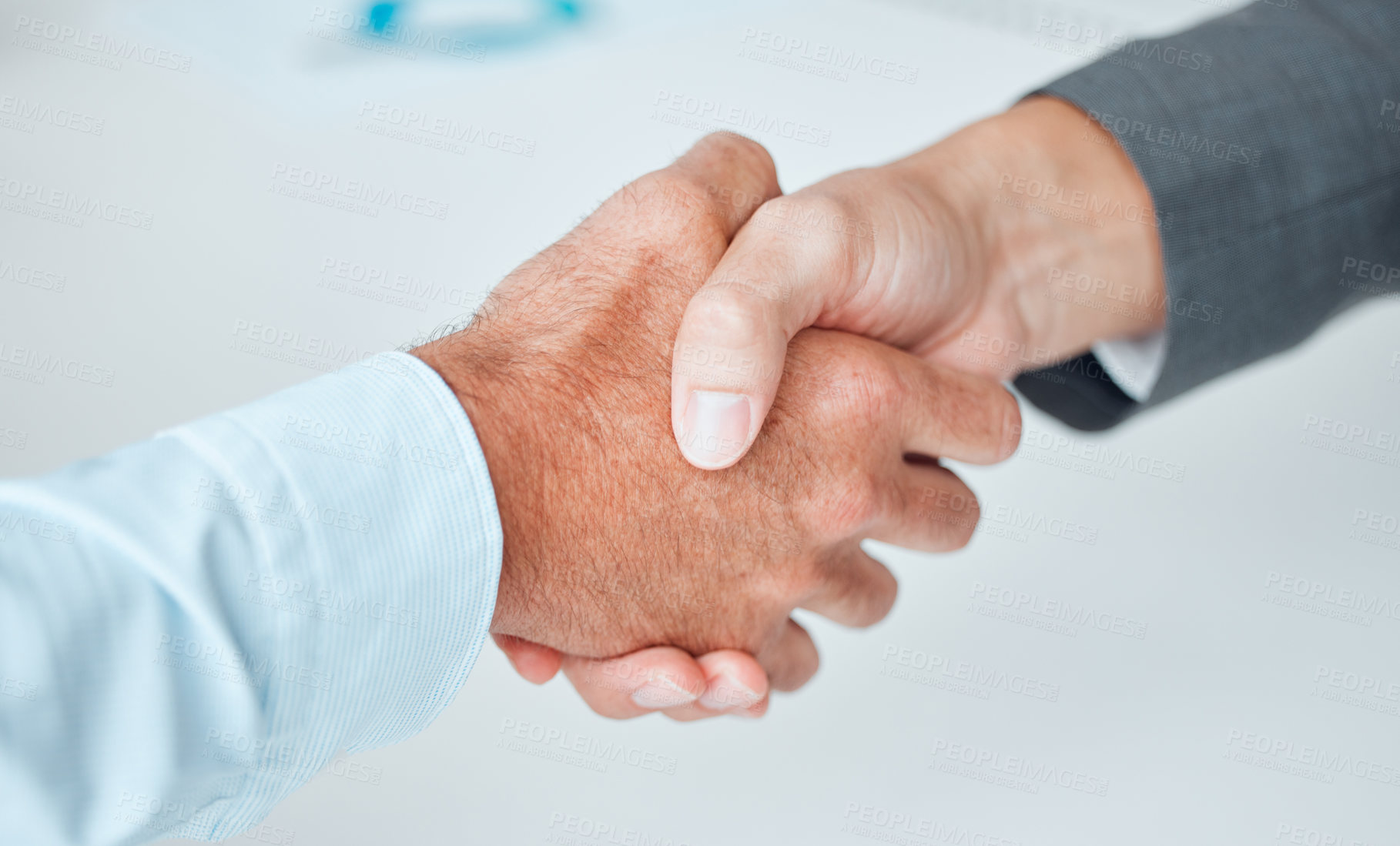 Buy stock photo Handshake, collaboration and agreement in workplace for b2b, meeting and global partnership. Business people, networking and consulting for startup company, recruitment and negotiation in office