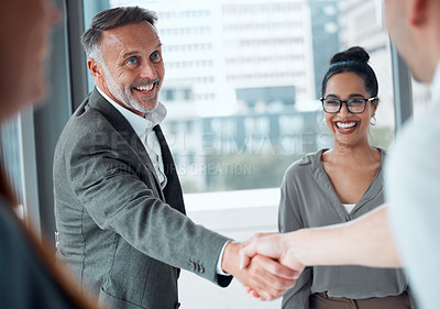 Buy stock photo Handshake, meeting and welcome with business man in office for hiring, management or recruitment. Contract, partnership and promotion deal with mature employee shaking hands for b2b collaboration